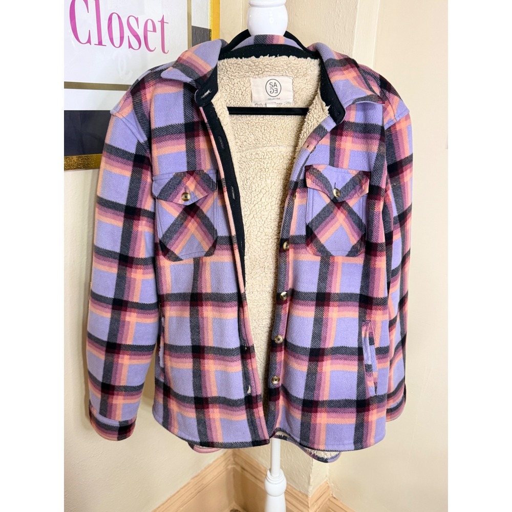 Sage Collective Purple Plaid Sherpa Lined Fleece Shacket Shirt Jacket XL